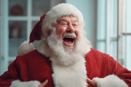 A cheerful Santa Claus, dressed in a bright red suit and white beard, laughs heartily while standing inside a warm, inviting room decorated for the holidays.の素材