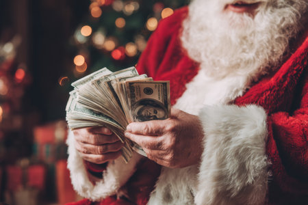 Santa Claus counts a large bundle of cash while surrounded by holiday decorations and bright lights in a cheerful Christmas atmosphere.の素材