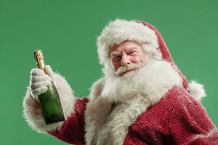 A joyful figure dressed as Santa Claus holds a bottle of champagne, smiling cheerfully amid a bright green backdrop, embodying festive spirit and holiday cheer.の素材