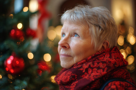 An elderly woman gazes upward with a serene expression, surrounded by glowing holiday decorations, red ornaments, and soft lights in a cozy environment.の素材