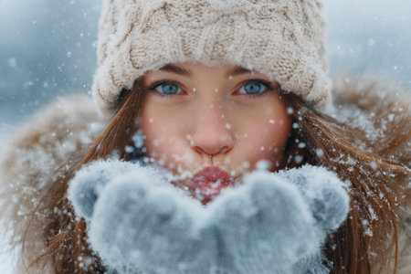A young woman with striking blue eyes blows a cloud of snow into the air, surrounded by a tranquil winter landscape. She is dressed warmly with a hat and gloves.の素材
