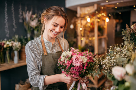 A friendly florist holds a vibrant bouquet while smiling in a beautifully arranged flower shop filled with colorful blooms and greenery. Soft lighting enhances the warm atmosphere.の素材