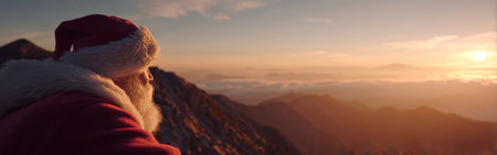 A man dressed as Santa Claus gazes at a beautiful sunrise from a mountain top. The sky is painted in warm colors as the sun rises, creating a peaceful atmosphere.の素材