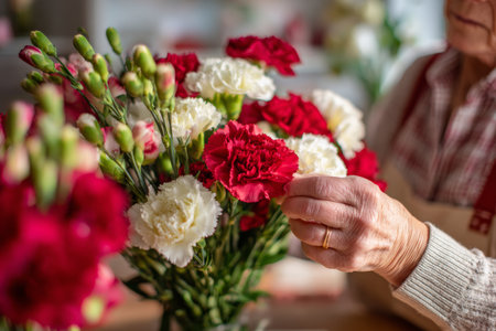 An elderly woman carefully places red and white carnations in a vase inside her warm, inviting home. Sunlight illuminates the flowers as she enjoys this rewarding activity.の素材