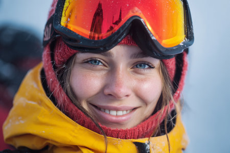 A woman is smiling widely while wearing bright snow goggles and warm, layered clothing. The snowy mountains surround her, creating a cold yet joyful winter atmosphere.の素材
