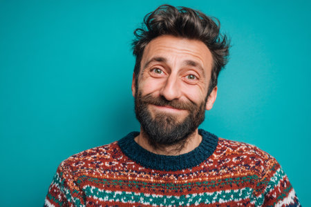 A man with a beard and curly hair smiles warmly while wearing a lively sweater. He stands in front of a bright teal backdrop, expressing joy and friendliness.の素材