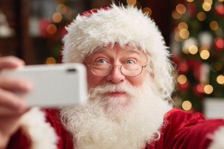 A joyful Santa Claus with a white beard and round glasses smiles as he takes a selfie. The background features a beautifully decorated Christmas tree and warm lights, creating a festive atmosphere.の素材