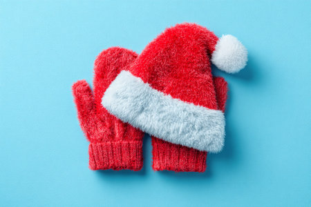 Soft red mittens and a fluffy Santa hat lay on a bright blue surface. They bring a warm and festive spirit, perfect for winter activities and holiday fun.の素材
