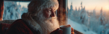 Inside a rustic cabin, Santa holds a steaming cup while gazing out at a beautiful winter sunset. The snow-covered trees create a serene atmosphere filled with holiday spirit.の素材