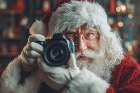 A joyful Santa Claus smiles while holding a camera, ready to capture the holiday spirit. The background is adorned with colorful decorations and lights, creating a warm atmosphere.の素材