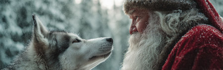 In a serene winter forest, Santa Claus gazes lovingly at a husky dog, surrounded by snow-covered trees and a peaceful atmosphere. This heartwarming moment captures the spirit of the season.の素材