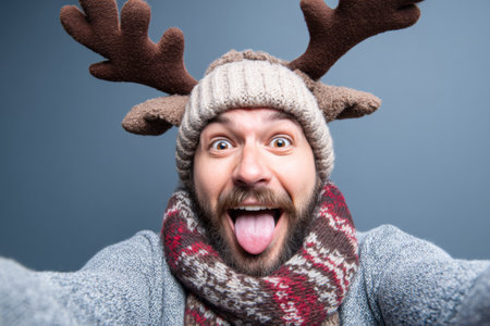 A man with a beard is wearing a knit hat with reindeer antlers and a cozy scarf. He sticks out his tongue and smiles for a selfie, celebrating the winter season joyfully.の素材