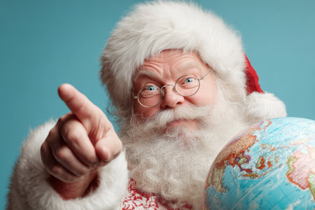 A joyful Santa Claus with a white beard and red suit holds a globe while pointing. He is smiling, embodying the spirit of Christmas and global generosity.の素材