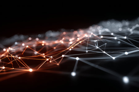 A network of interconnected lights in orange and white. The scene captures the essence of data flow in technology, emphasizing connectivity and complexity.の素材