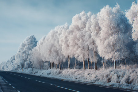 Lush trees covered in frost stand tall beside a tranquil road during a clear winter morning. The scenery showcases the beauty of nature in its icy splendor.の素材