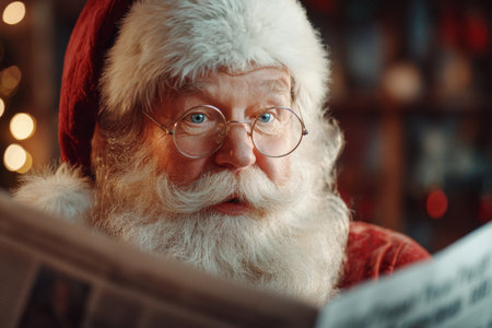 A bearded man dressed as Santa Claus reads a newspaper. His surprised expression indicates news of interest. The warm room is decorated for Christmas with lights and ornaments.の素材