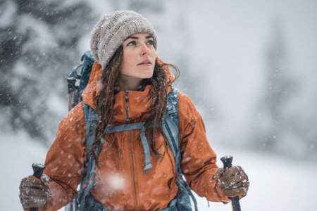 A woman is hiking through snow-covered mountains in winter. She wears a warm orange jacket and a knitted hat, surrounded by falling snow. Her expression shows determination while she explores.の素材