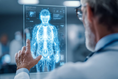 A doctor in a white coat closely studies a digital hologram of a human body in a high-tech medical environment. Health data and vital signs are visible on the hologram.の素材