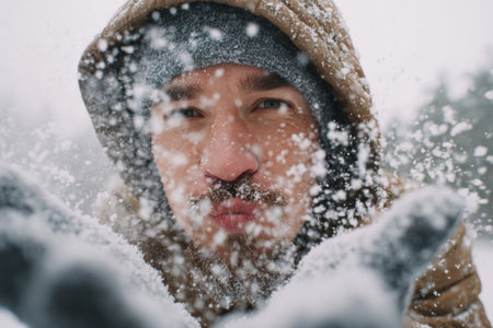 A man wearing warm clothing is playfully blowing snow into the air while standing in a snowy forest. The scene captures the joyful spirit of winter as snowflakes swirl around him.の素材