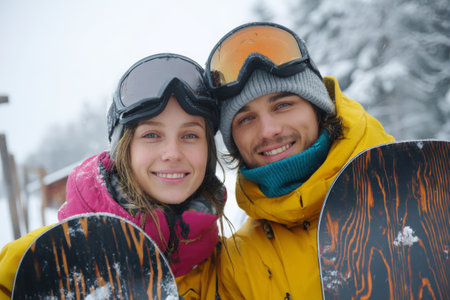 Two people are posing happily outdoors in a snowy environment. They are wearing winter gear and holding snowboards, showcasing a fun day of snowboarding together in the mountains.の素材