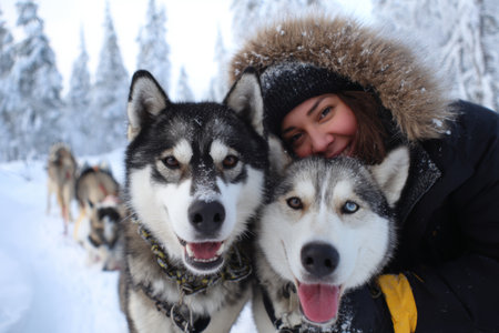 A person enjoys a close encounter with two playful huskies in a snowy forest. Behind them, more sled dogs await their turn in a serene winter setting.の素材