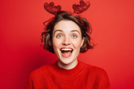 A young woman with curly hair beams widely, wearing a cozy red sweater and festive antlers, in front of a vibrant red backdrop. Her joyful expression captures the spirit of celebration.の素材