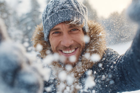 A cheerful man is having fun in a snowy environment. He throws snow into the air and smiles brightly, enjoying the winter day with a beautiful backdrop of snow-covered trees.の素材