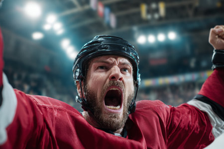 A passionate hockey player in a red uniform cheers energetically after his team scores a goal during an intense game. The crowd around him erupts in excitement, reflecting the energy of the moment.の素材