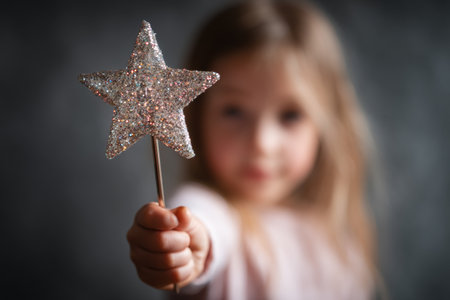 A young child stands in softly illuminated indoor surroundings, confidently holding a glittery star wand. The scene captures a moment of pure imagination and wonder, as the child embraces creativity.の素材