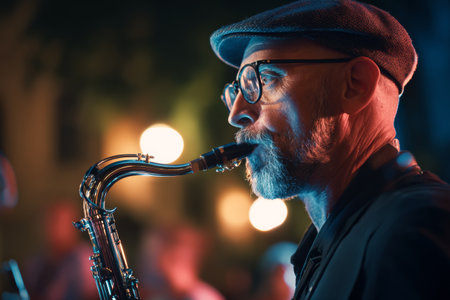 A skilled musician passionately plays the saxophone at an outdoor concert. Colorful lights and a lively audience create an enjoyable ambiance during the evening event.の素材