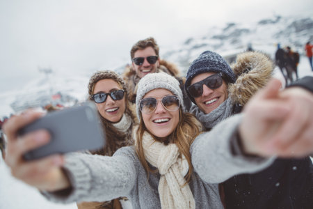 Four friends enjoy a fun moment together while taking a selfie in the snowy mountains. Everyone is wearing winter clothes and smiling, surrounded by a beautiful winter landscape.の素材