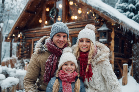A family stands together in the snow, smiling. They wear warm winter clothing and stand near a charming log cabin decorated with lights. Snow falls gently around them.の素材