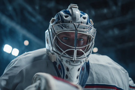 A focused goalkeeper stands ready in a hockey arena. The bright lights illuminate the ice as the player gears up for an intense match, showcasing determination and skill.の素材