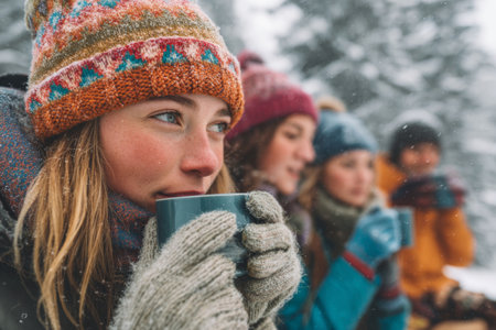 Friends gather in a snowy setting, sipping warm drinks and wearing colorful winter outfits. The peaceful atmosphere highlights their cozy companionship in the cold.の素材
