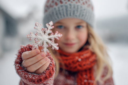 A young girl with blonde hair smiles while holding a delicate snowflake in her hand. She is wearing a cozy gray hat and a vibrant red scarf amid a snowy scene, capturing the joy of winter.の素材