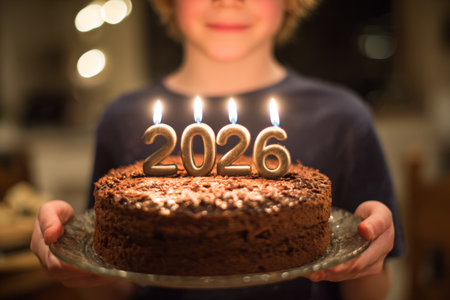 A young boy smiles while holding a chocolate cake with the year 2026 written in candles. The warm, inviting highlights atmosphere a joyful birthday celebration with family.の素材