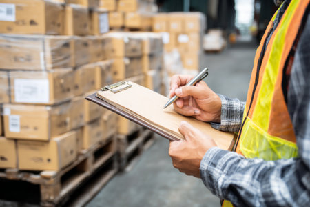 A warehouse worker is using a clipboard to check inventory in a busy storage area filled with cardboard boxes. The worker is wearing a safety vest and concentrating on the task.の素材