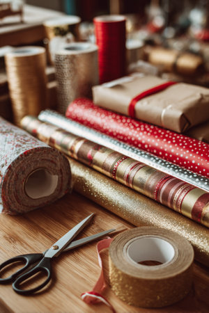 Colorful wrapping paper rests on a wooden surface alongside scissors and tape. This cozy workspace is perfect for preparing gifts during the holiday season, creating a warm atmosphere.の素材