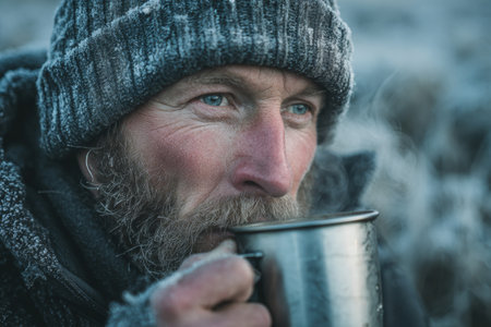 A man with a frosted beard and a warm sweater is savoring a hot drink outdoors in a chilly environment. The cold weather is evident in the icy surroundings.の素材