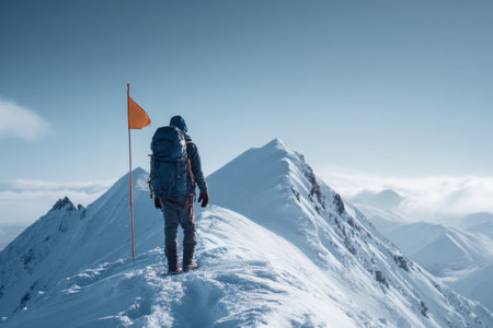 Climber wearing warm gear stands on a snow-covered mountain peak, gazing at the vast landscape below. An orange flag flutters in the cool wind, marking the summit.の素材