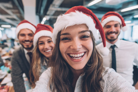 Four smiling individuals wearing red and white Santa hats pose for a fun selfie during a holiday celebration in a modern office space filledの素材