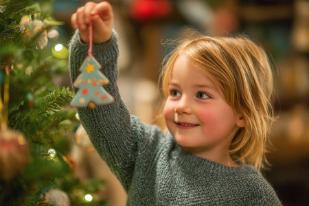 A young child with blonde hair smiles brightly while holding a festive ornament. The soft glow of lights and decorations enhance the cheerful atmosphere of the holiday season.の素材