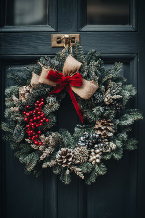 A Christmas wreath is hanging on a dark blue door. The wreath features pine branches, red berries, pinecones, and a large red bow. It brings a festive touch to the entrance.の素材