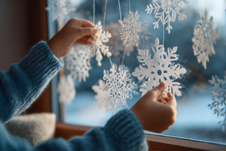 A person hangs delicate snowflake cutouts on a window, creating a winter scene indoors. Soft light filters in, enhancing the calm atmosphere of the room.の素材