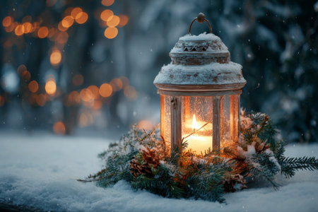 A lantern is placed on a snowy surface, surrounded by pine branches and cones. Soft light emanates from the lantern, illuminating the evening with a warm glow.の素材