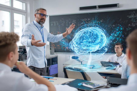 In a bright classroom, a teacher demonstrates an interactive 3D brain model to engaged students during a science lesson. Students observe and take notes attentively.の素材