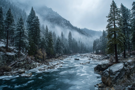 A river flows through a serene winter landscape surrounded by tall pine trees and majestic mountains. Mist lingers above the icy waters, creating a tranquil atmosphere.の素材