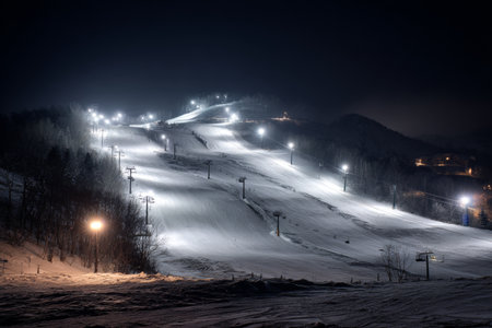 Bright lights illuminate the snowy ski slopes at night, creating a serene winter scene. The empty trails invite night skiing and winter fun in a tranquil atmosphere.の素材