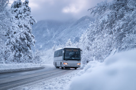 A bus navigates a winding snowy road surrounded by tall trees and mountains on a cold day. The scene captures the serene beauty of winter travel in a remote area.の素材