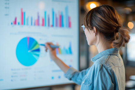 A woman in a denim shirt stands in front of a large screen, actively pointing at colorful graphs and charts. She appears focused on presenting findings during a work meeting in a modern office.の素材